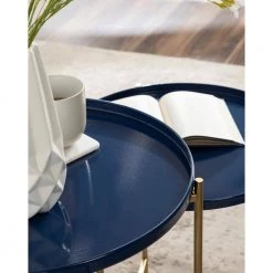Ulani 18.50 in. Navy Blue Round Metal End Table with 2-Pieces by Kate and Laurel -Sealy Sales Store navy blue gold kate and laurel end side tables 220819 76 1000